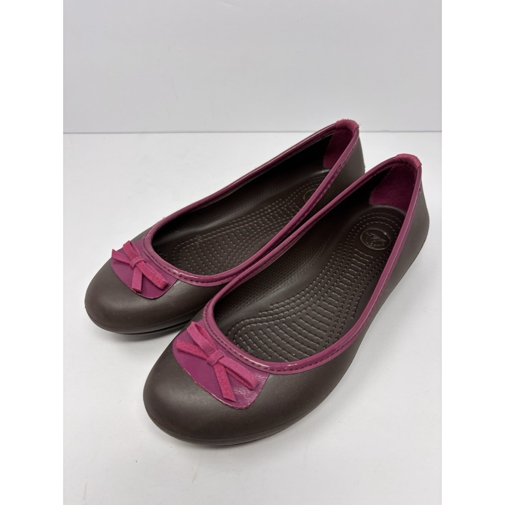 CROCS Womens Lily Ballet Flats Size 7 Brown Pink Rubber Slip On Shoe Bow